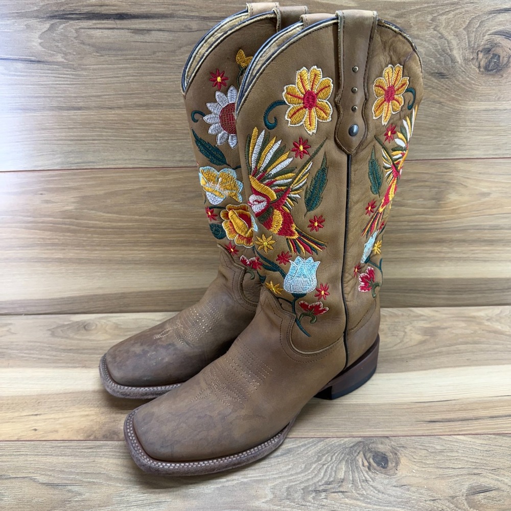 Rock EM Western Boots Floral Bird Embroidered Womens 9 Square Toe Rodeo Brown - Picture 3 of 13